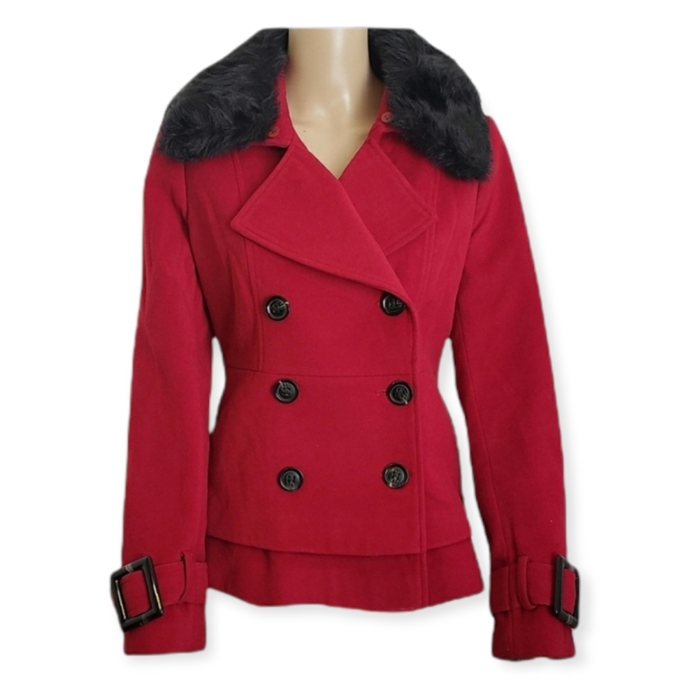 Double Breasted Coat with Faux Fur Trim